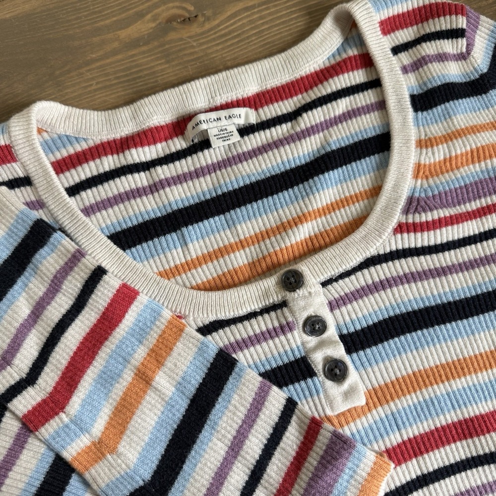 American Eagle Womens Large Stripe Scoop Neck Henley Long Sleeve Crop Top Ribbed